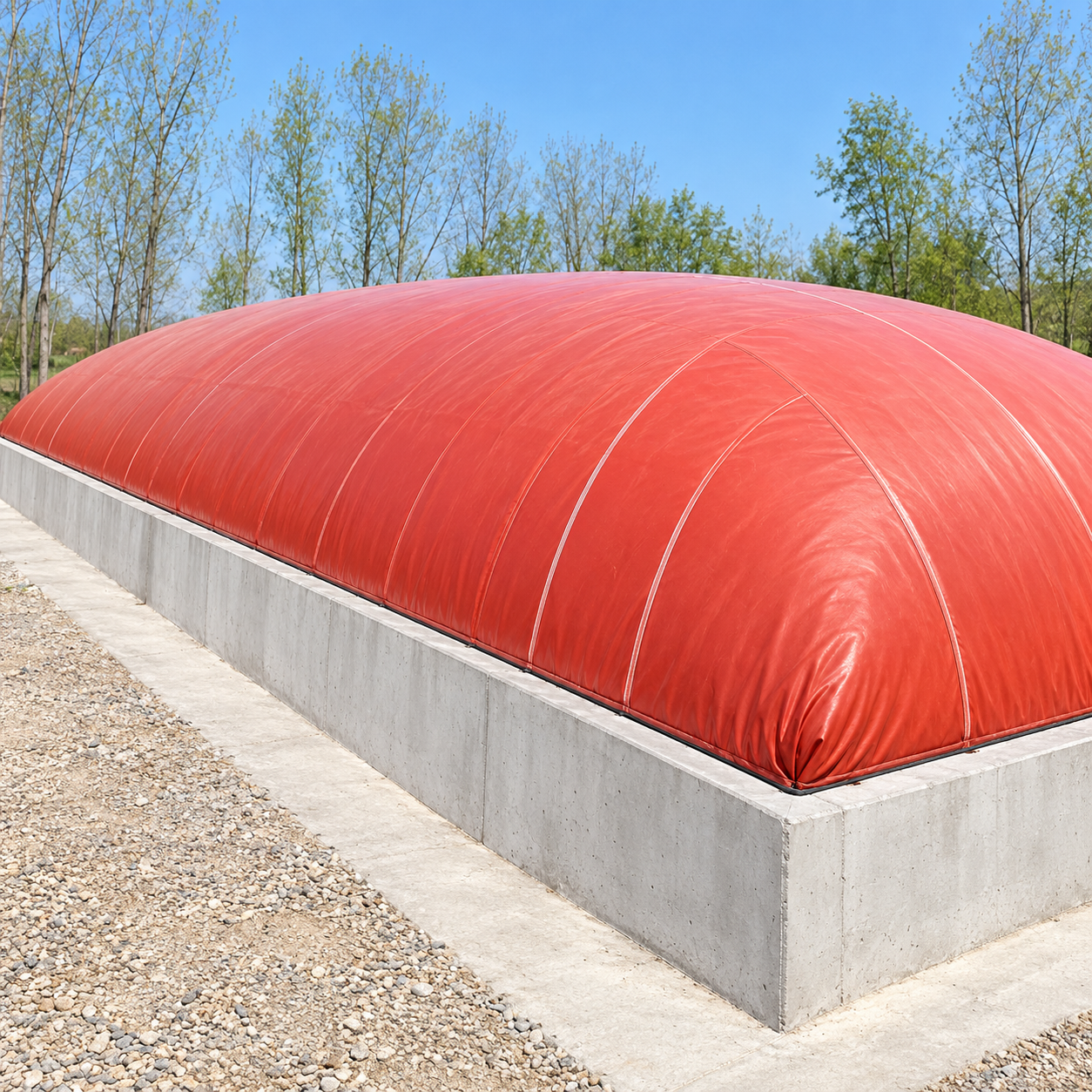 Illustrative visual of a red membrane biogas digester based on the supplied product photo